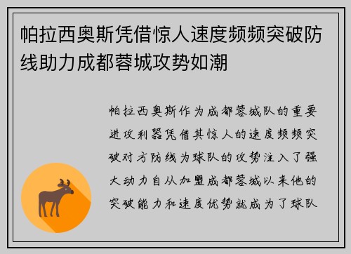 帕拉西奥斯凭借惊人速度频频突破防线助力成都蓉城攻势如潮